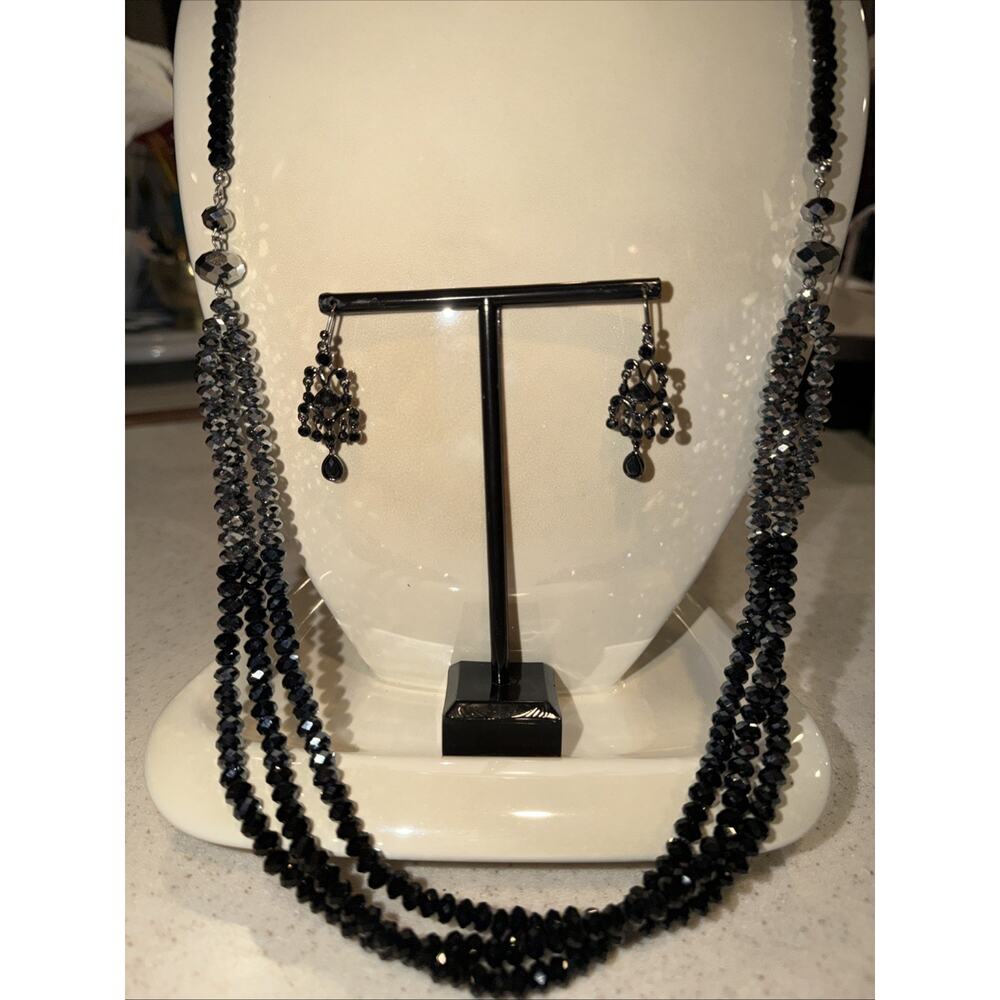 Black And Silver Crystal 32” Necklace And Lia Sofia Chandelier Earrings